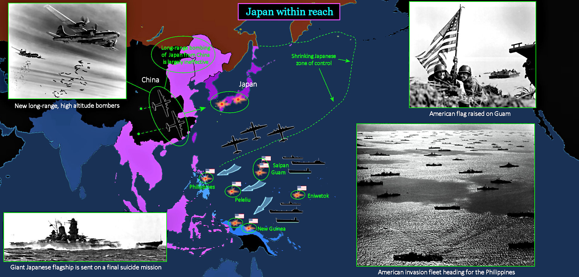 Guam, Philippines, China bombing, 1945 map
